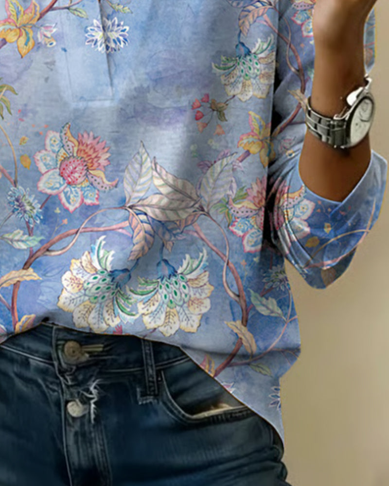 Stand-Up Collar Long-Sleeved Floral Blouse