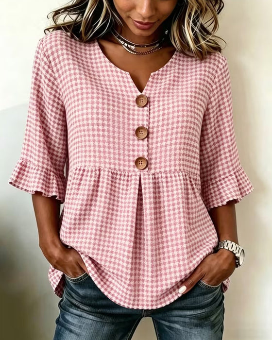 Houndstooth Three-Button Casual Blouse