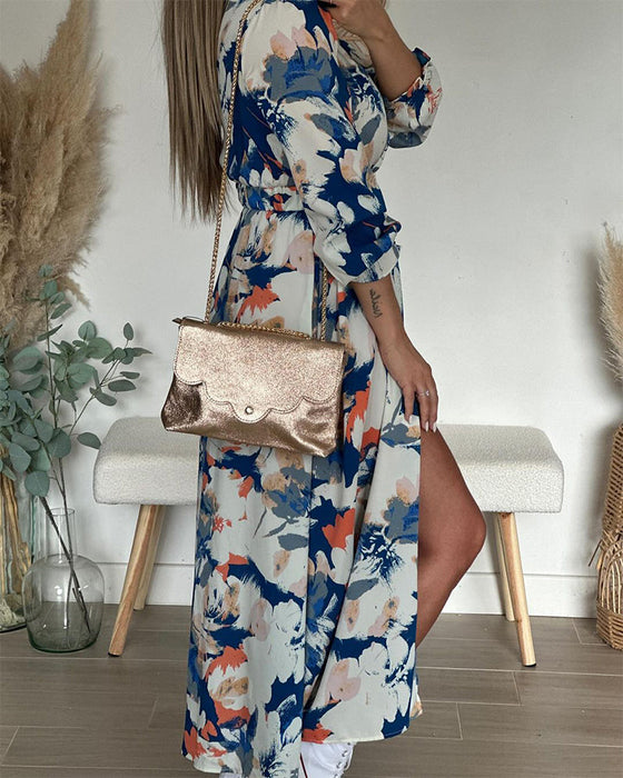 Elegant dress with floral print slit