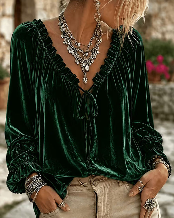 Velvet V-Neck Ruffled Long Sleeve Top