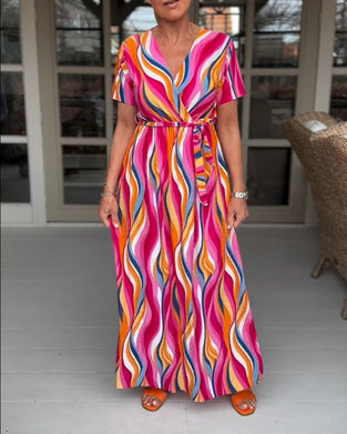 Colorful printed short-sleeved lace-up long dress