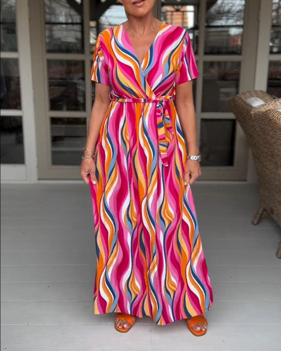 Colorful printed short-sleeved lace-up long dress