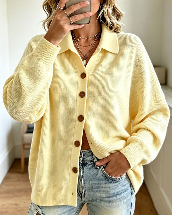 Lapel Buttoned Dropped Sleeve Cardigan