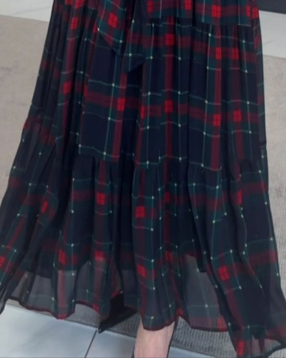 V-Neck Plaid Long-Sleeve Dress