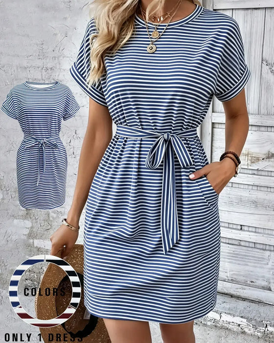 Round Neck Stripe Tie Waist Dress