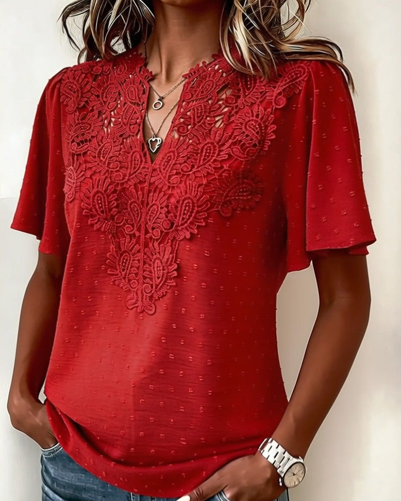 Lace V-Neck Short Sleeve Blouse