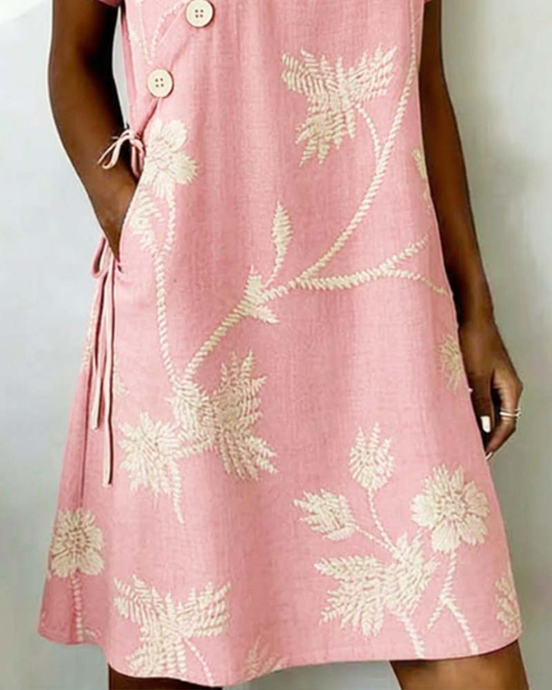 Diagonal Button Print V-Neck Mini Dress