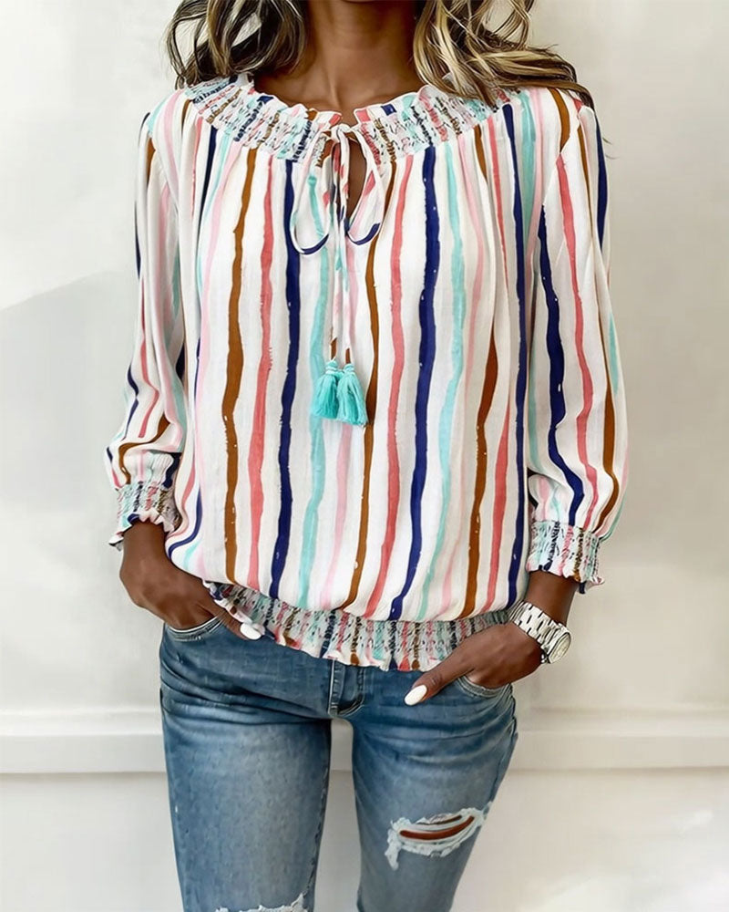Color Block Stripe Drawstring Blouse