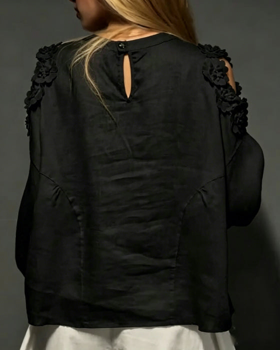 Crewneck Cut-Out Off-Shoulder 3D Floral Blouses