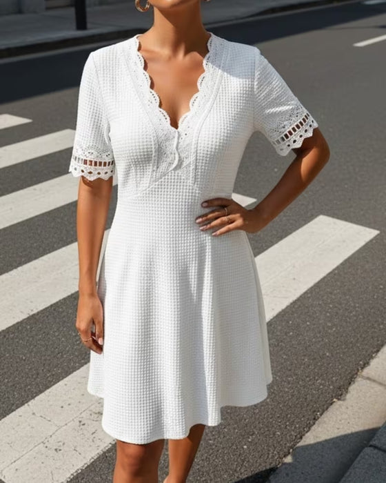 V-Neck Lace Patchwork Waffle Dress