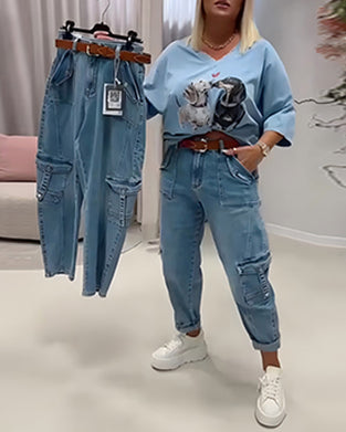 High Waist Cargo Style Jeans