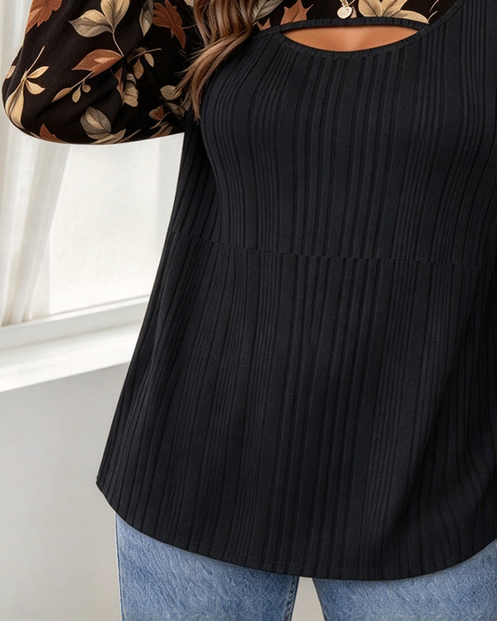 Crew Neck Hollow Out Fashion Leaf Print Top