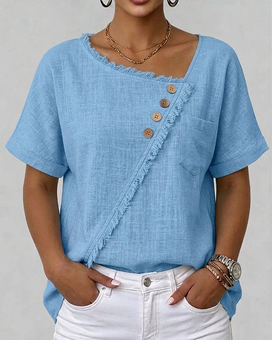 Raw Edge Bias Button Short-Sleeved Blouse