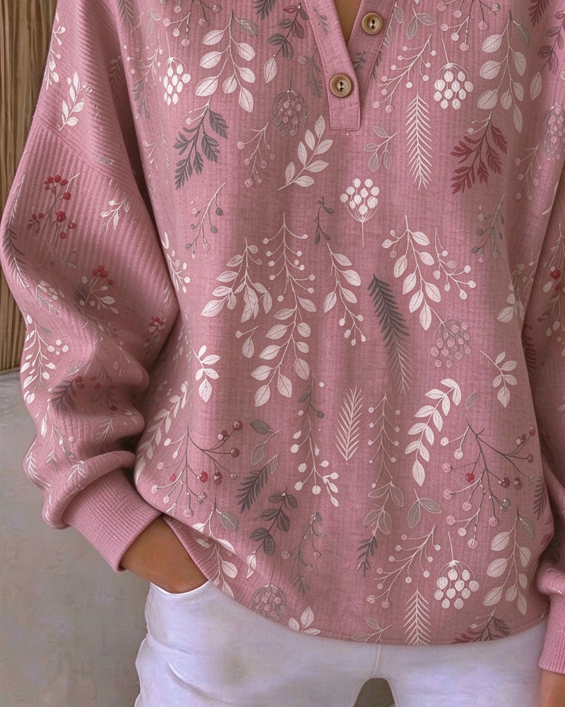 Waffle Henry Collar Floral Print Sweatshirt