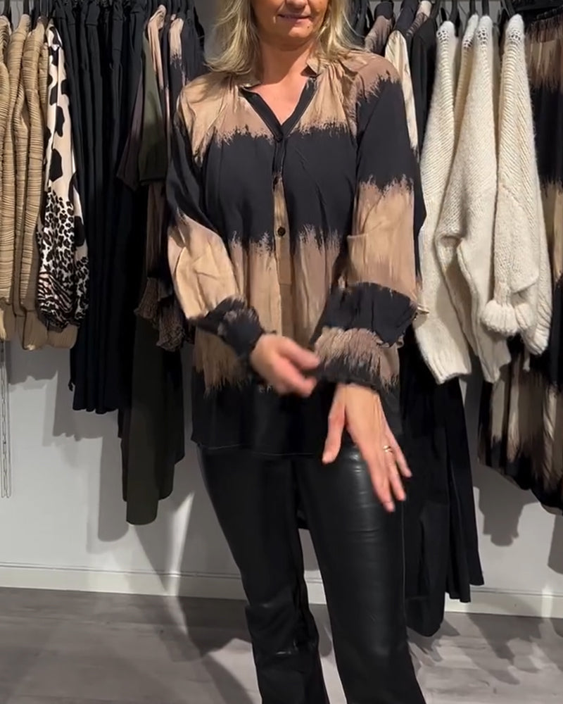 Vintage colorblock V-neck button blouse