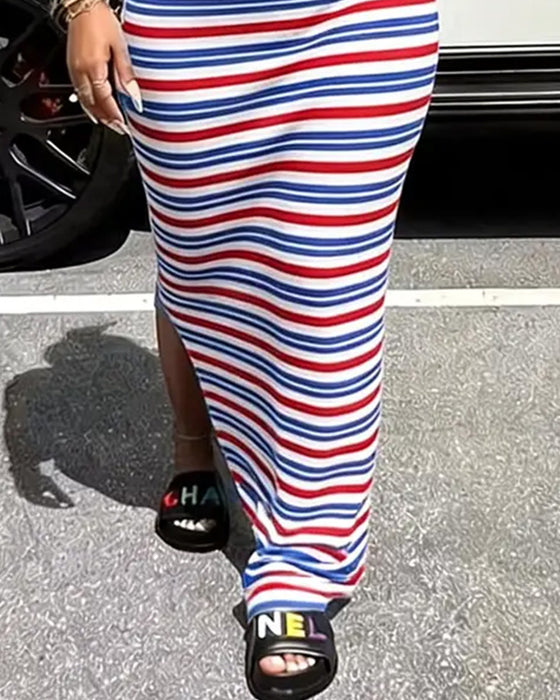 Striped Slim Fit Bodycon Long Dress