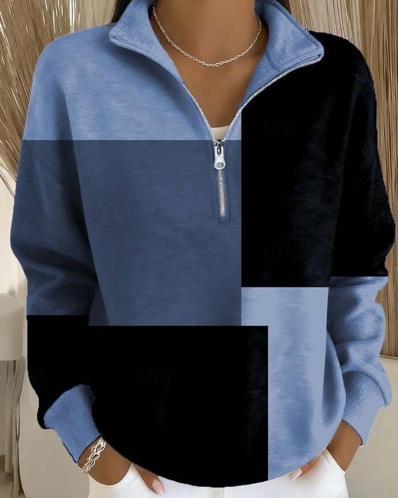 Checkered Colorblock Zip Stand-Collar Sweatshirt