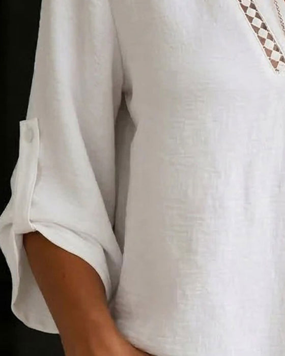 Solid Color Lapel Cutout Patchwork Blouse