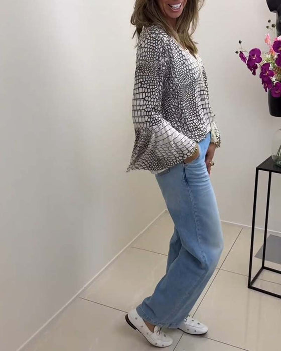 Patterned lanyard long-sleeved blouse