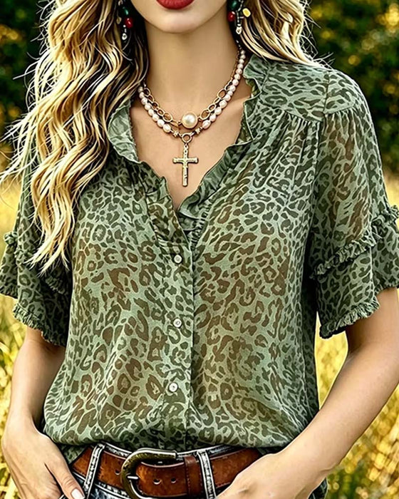 Green-Toned Leopard Print Ruffle Blouse