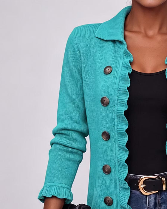 Lapel Ruffle Button Cardigan