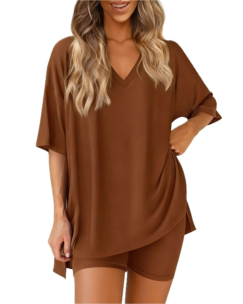 Relaxed Solid V-Neck Two-Piece Set
