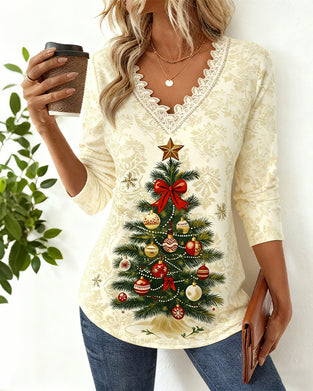 V-Neck Christmas Tree Print Top