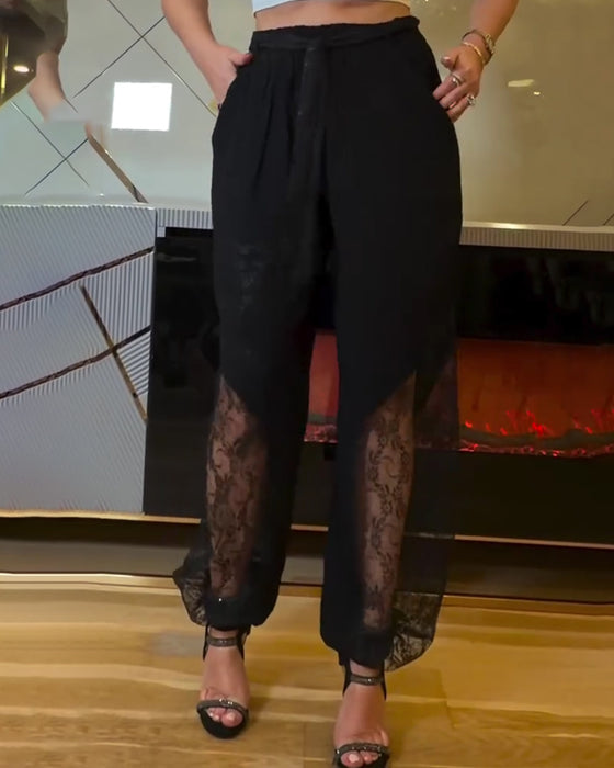 Lace Patchwork Elastic Waist Lantern Pants