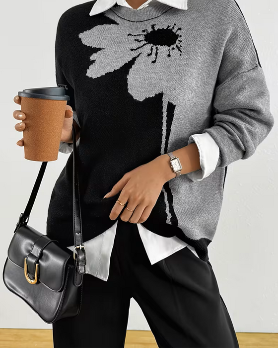 Color-Block Large Floral Jacquard Crewneck Pullover