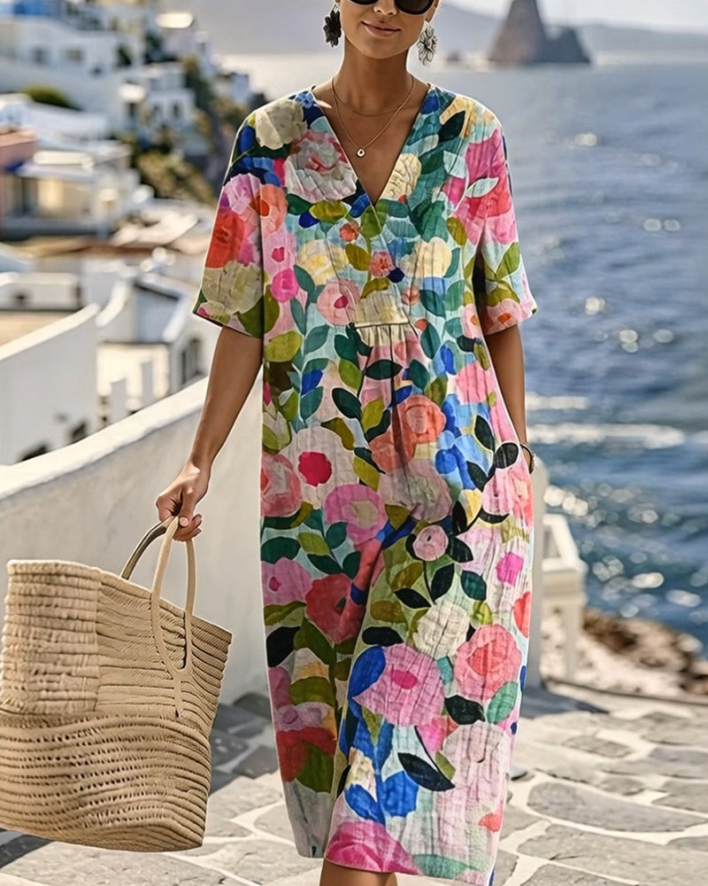 Watercolor Floral V-Neck Dress