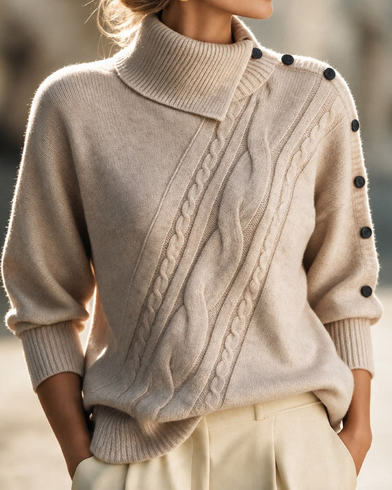 Diagonal Cable Turtleneck Button-Down Pullover