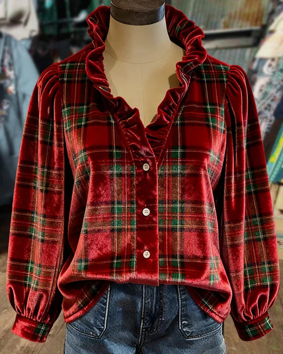 Ruffled V-Neck Velvet Top