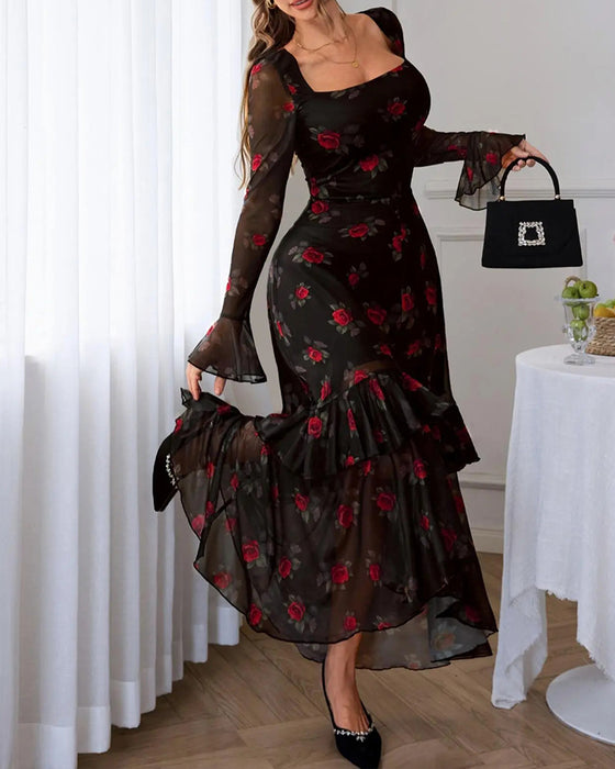 Square Neck Ruffle Flared Sleeve Dress