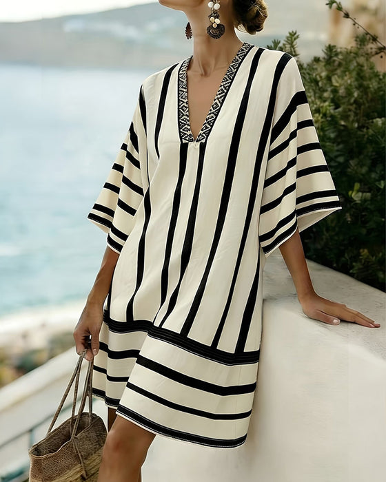 Color Block Black Vertical Stripe V-Neck Dress