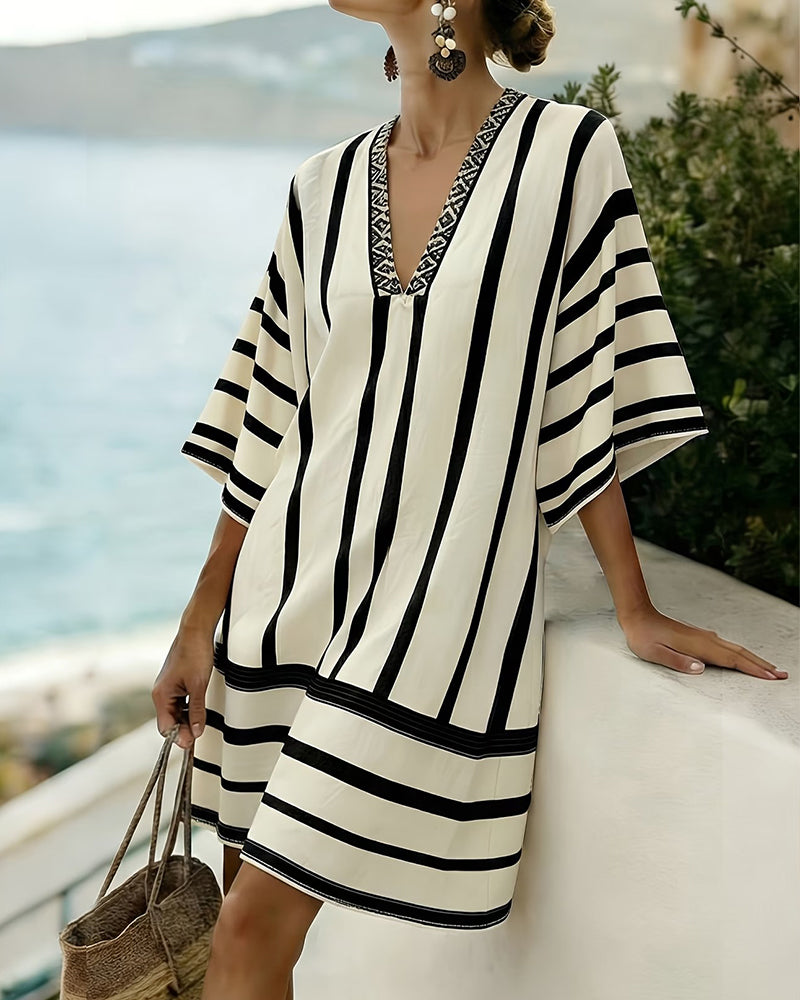 Color Block Black Vertical Stripe V-Neck Dress