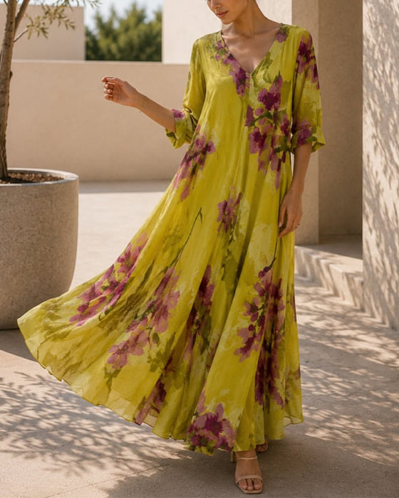 Ink Wash Floral V-Neck Dresses