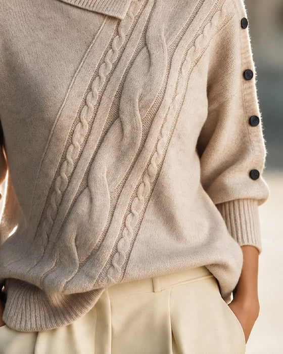 Diagonal Cable Turtleneck Button-Down Pullover