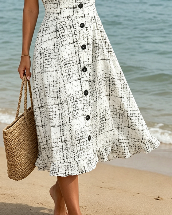 V-Neck Plaid Button Ruffle Dress