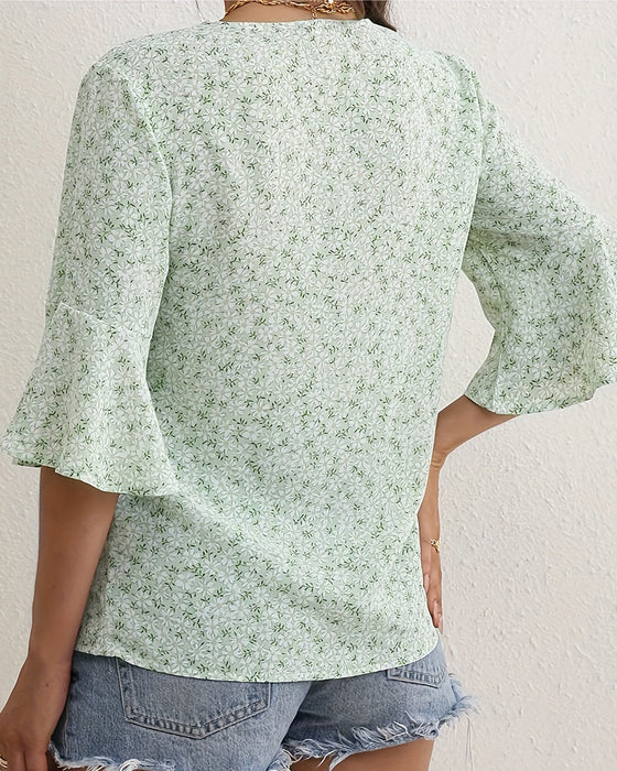 V-Neck Floral Butterfly Sleeve Blouse