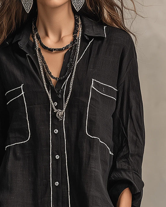 V-Neck Contrast Line Relaxed Shirt