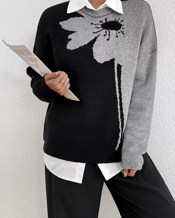 Color-Block Large Floral Jacquard Crewneck Pullover