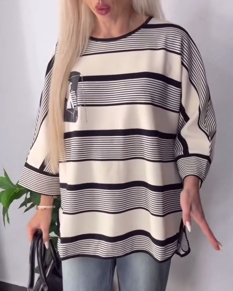 Casual Round Neck Loose Striped T-Shirt