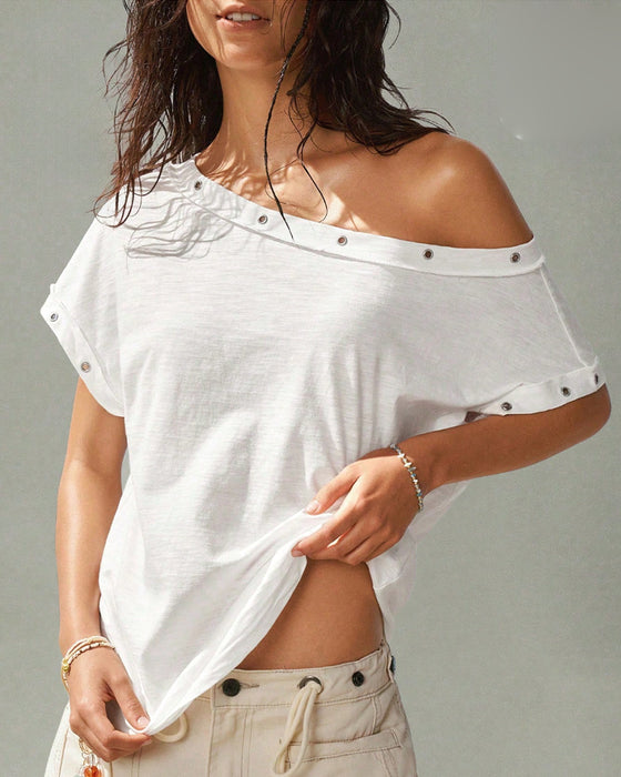 One-Shoulder Rivet Solid T-Shirt