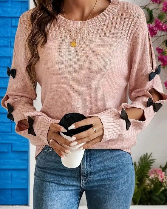 Bow-tie long-sleeved round neck pullover