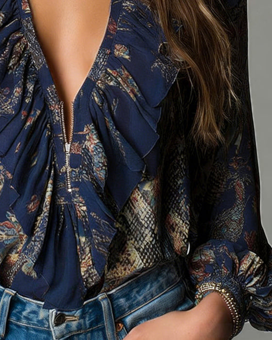 Deep V Ruffle Print Elegant Blouse