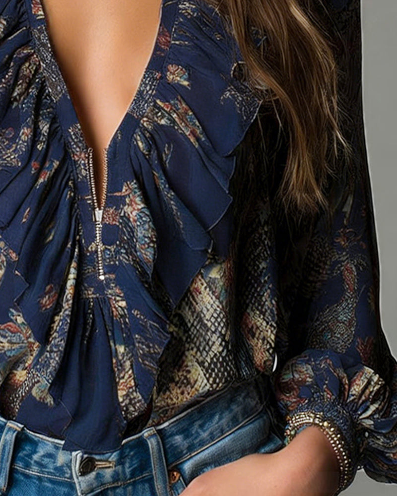 Deep V Ruffle Print Elegant Blouse