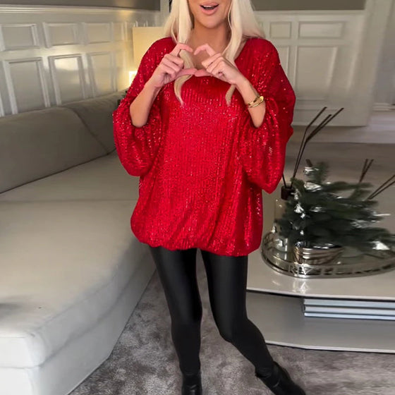 Balloon sleeve round neck sequin top