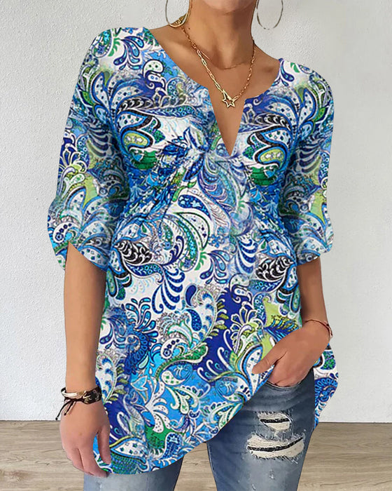 V-neck printed half-sleeved top