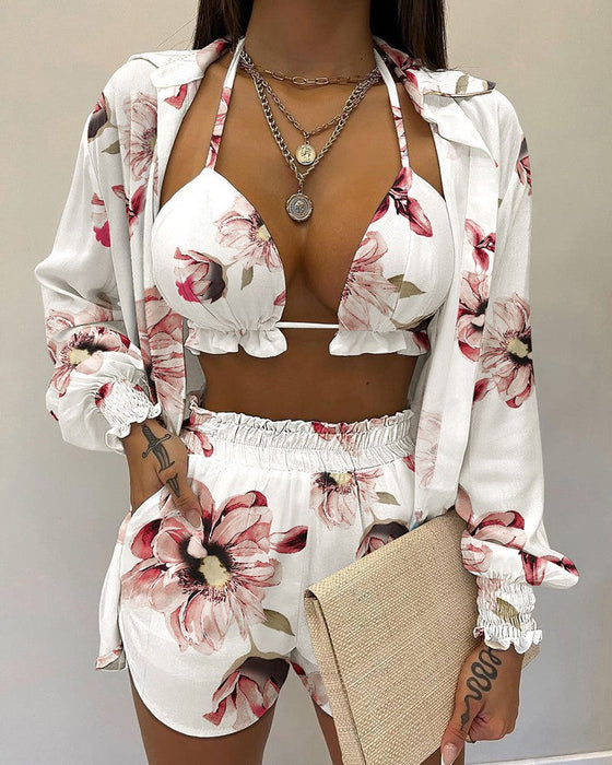 Balloon sleeve shirt bikini three piece set