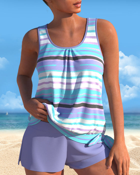 U Neck Stripe Print Tankinis